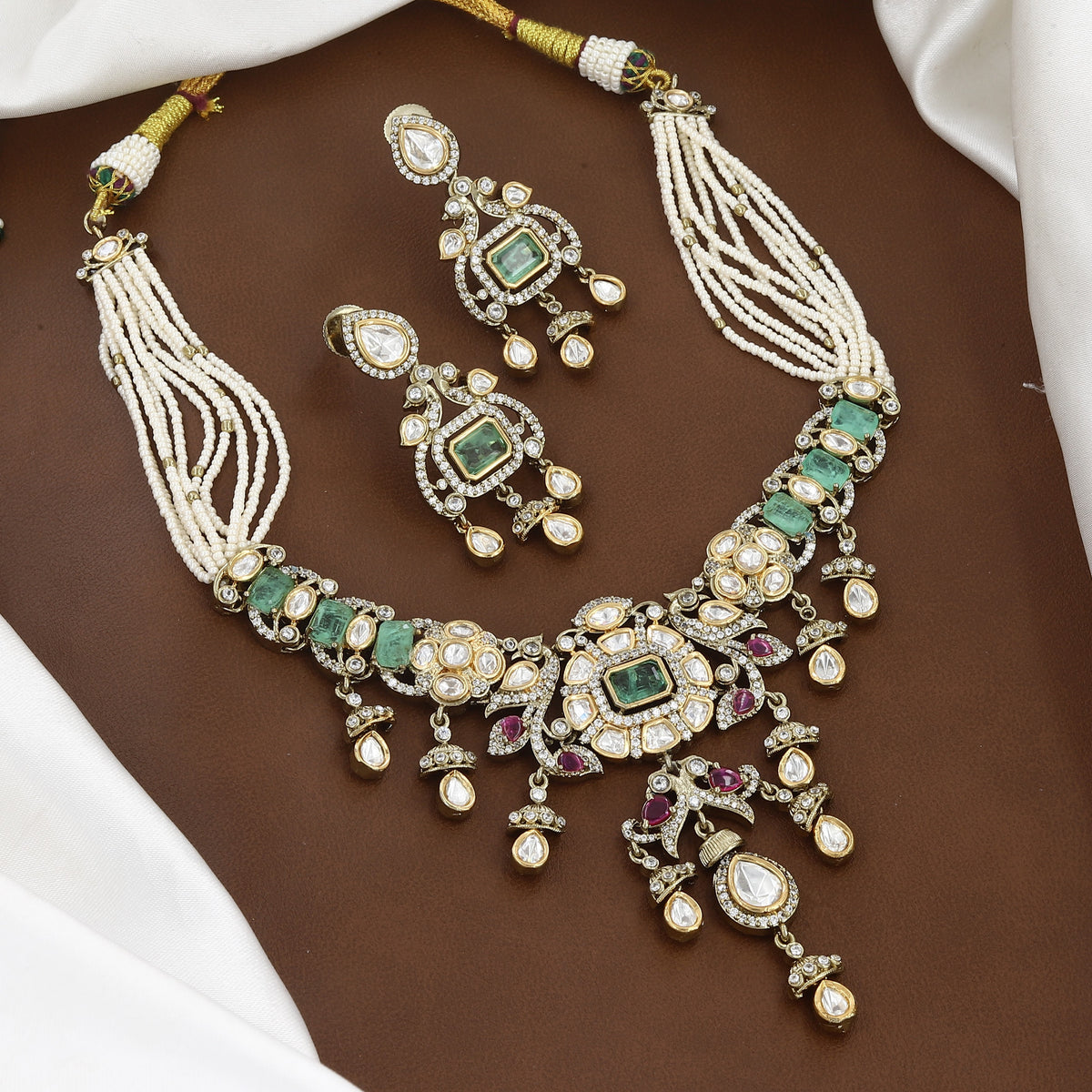 Multi-Strand Pearl, Polki & Emerald Necklace Set