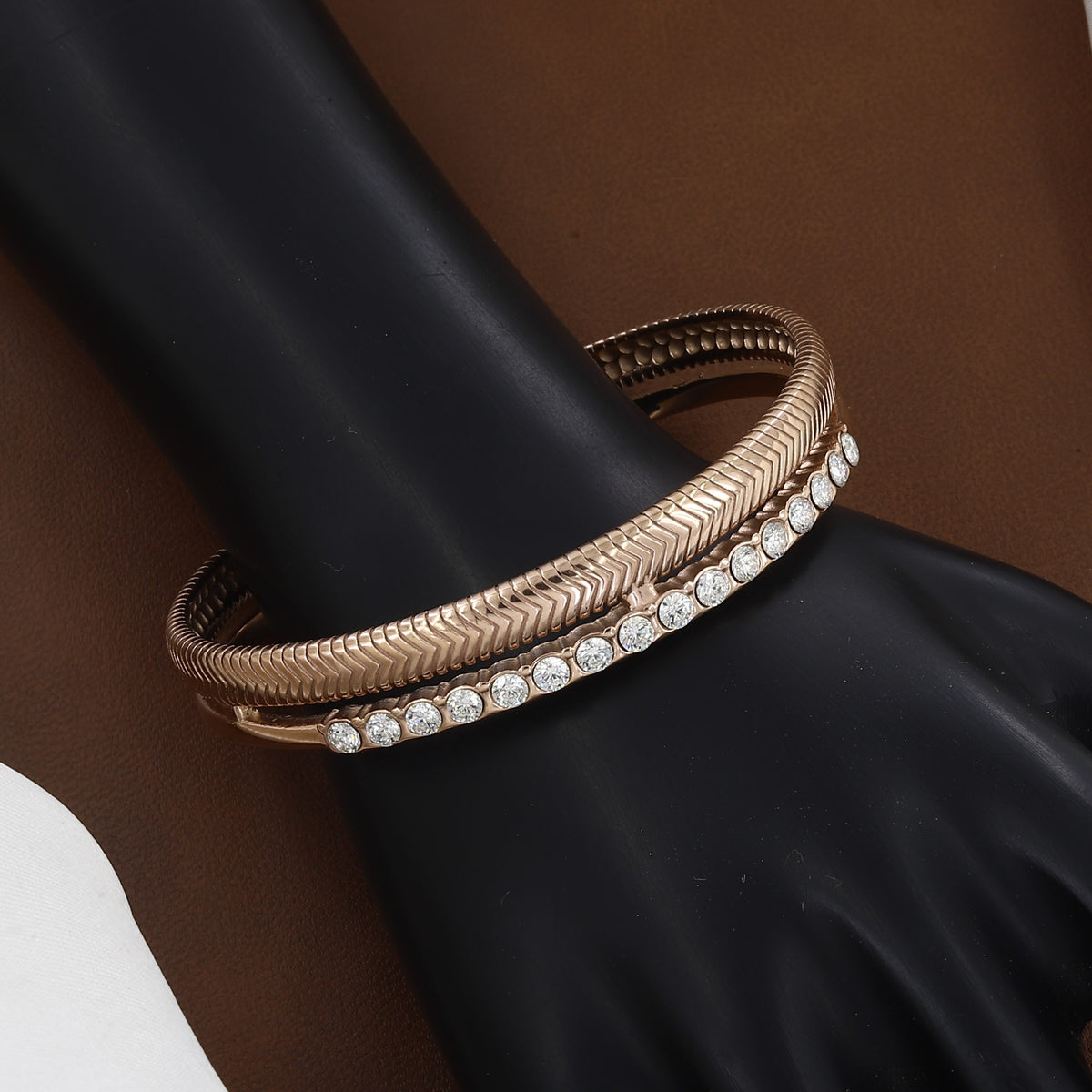 Rose Gold Dual-Band Chevron & Solitaire CZ Cuff Bracelet
