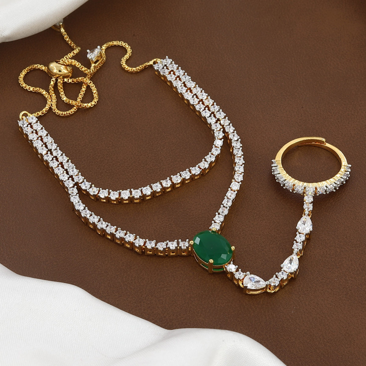Gold-Plated CZ Oval & Pear Stone Haathphool