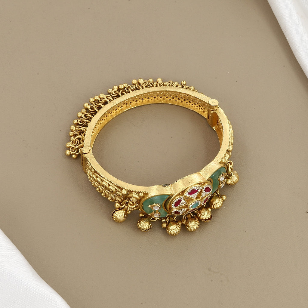 Antique Gold Kada Bracelet with Green Meenakari & Ghungroo Drops