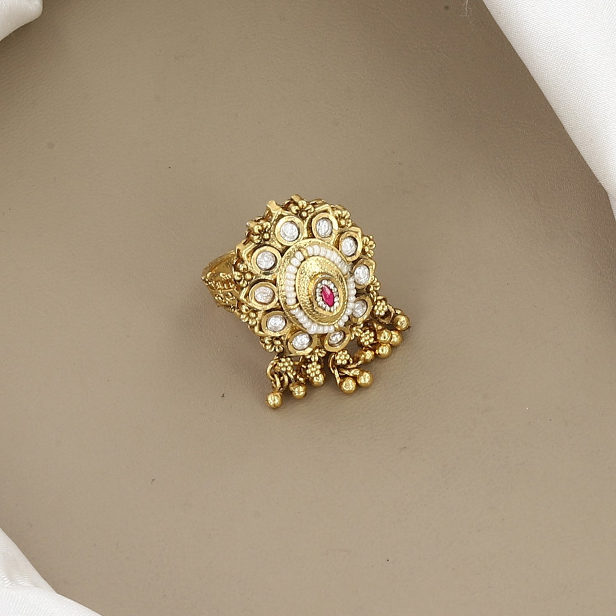 Vintage Gold Oval Statement Ring with Kundan & Ghungroo Beads