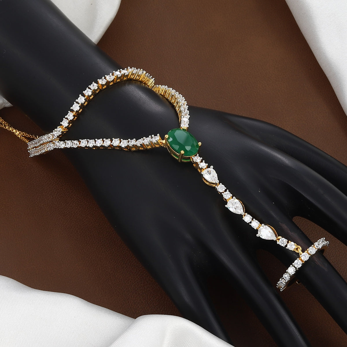 Gold-Plated CZ Oval & Pear Stone Haathphool