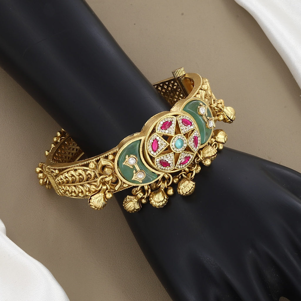 Antique Gold Kada Bracelet with Green Meenakari & Ghungroo Drops