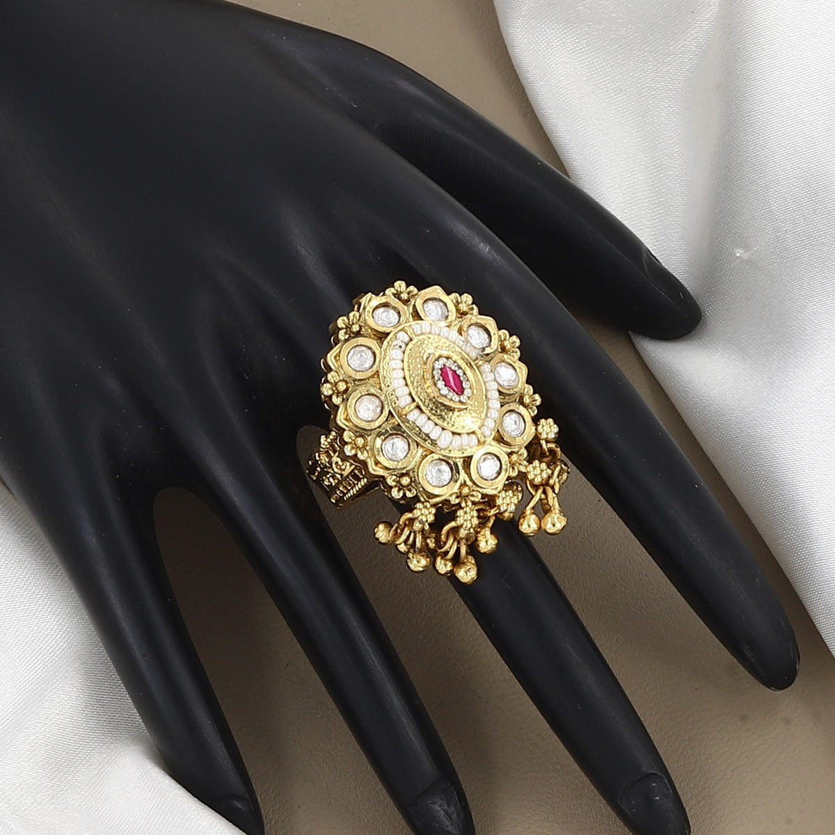Vintage Gold Oval Statement Ring with Kundan & Ghungroo Beads