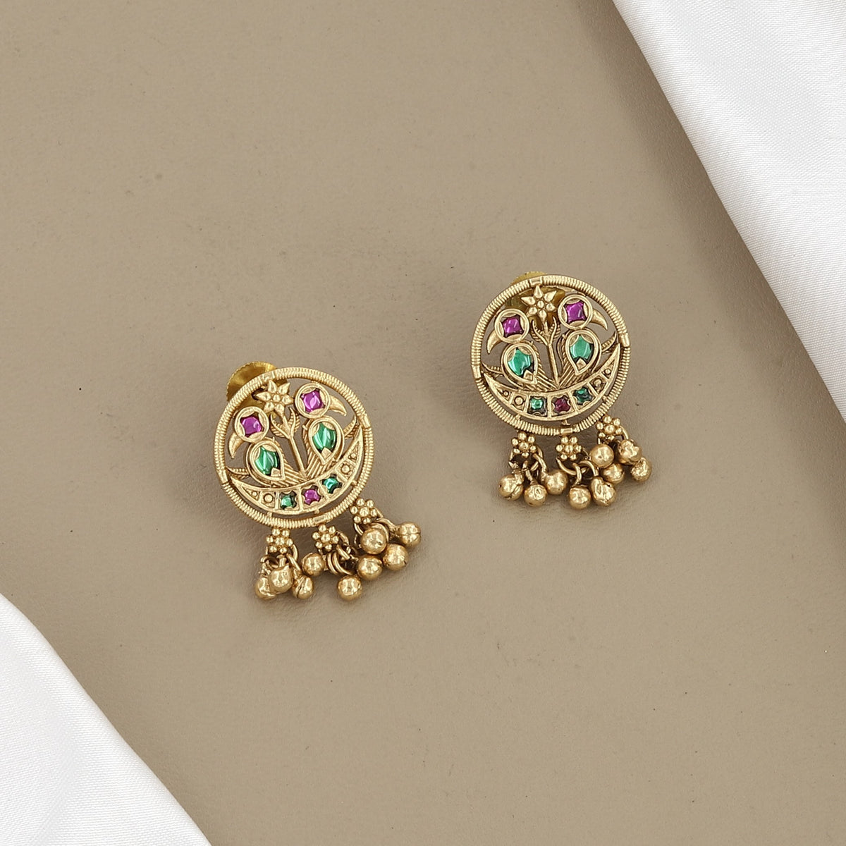 Antique Gold Circular Stud Earrings with Ghungroo Drops
