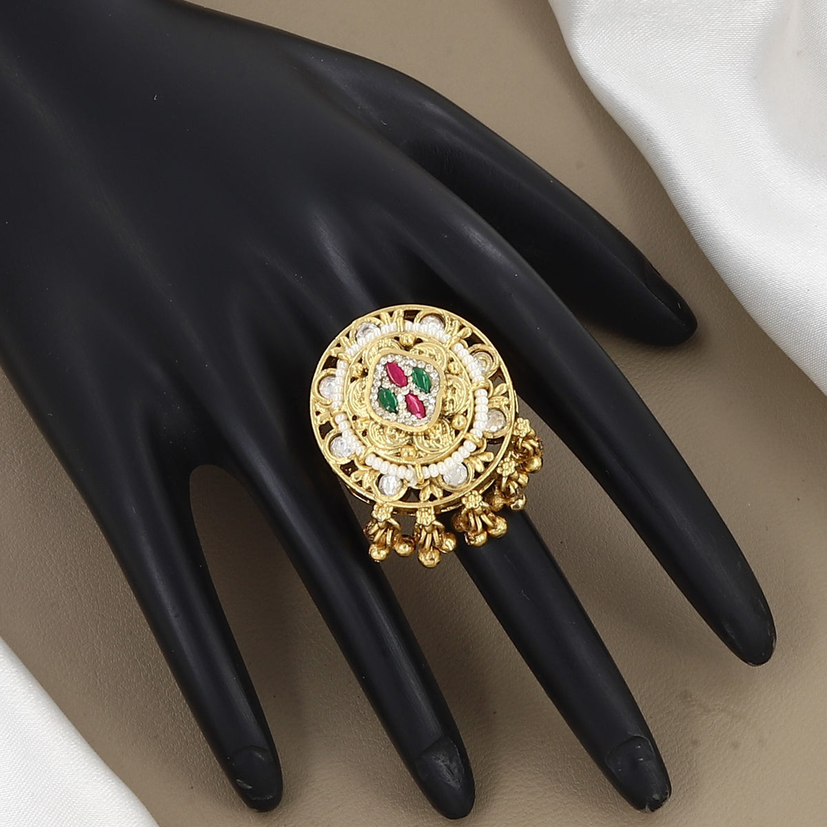 Antique Gold Round Kundan Ring with Ruby & Emerald Stones