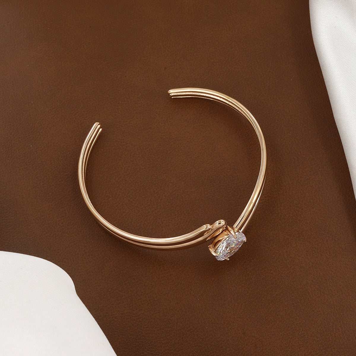 Rose Gold Bypass Cuff Bracelet with Oval Solitaire CZ Stone