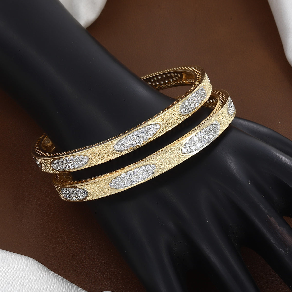 Gold-Plated Matte Finish CZ Oval Pattern Bangles