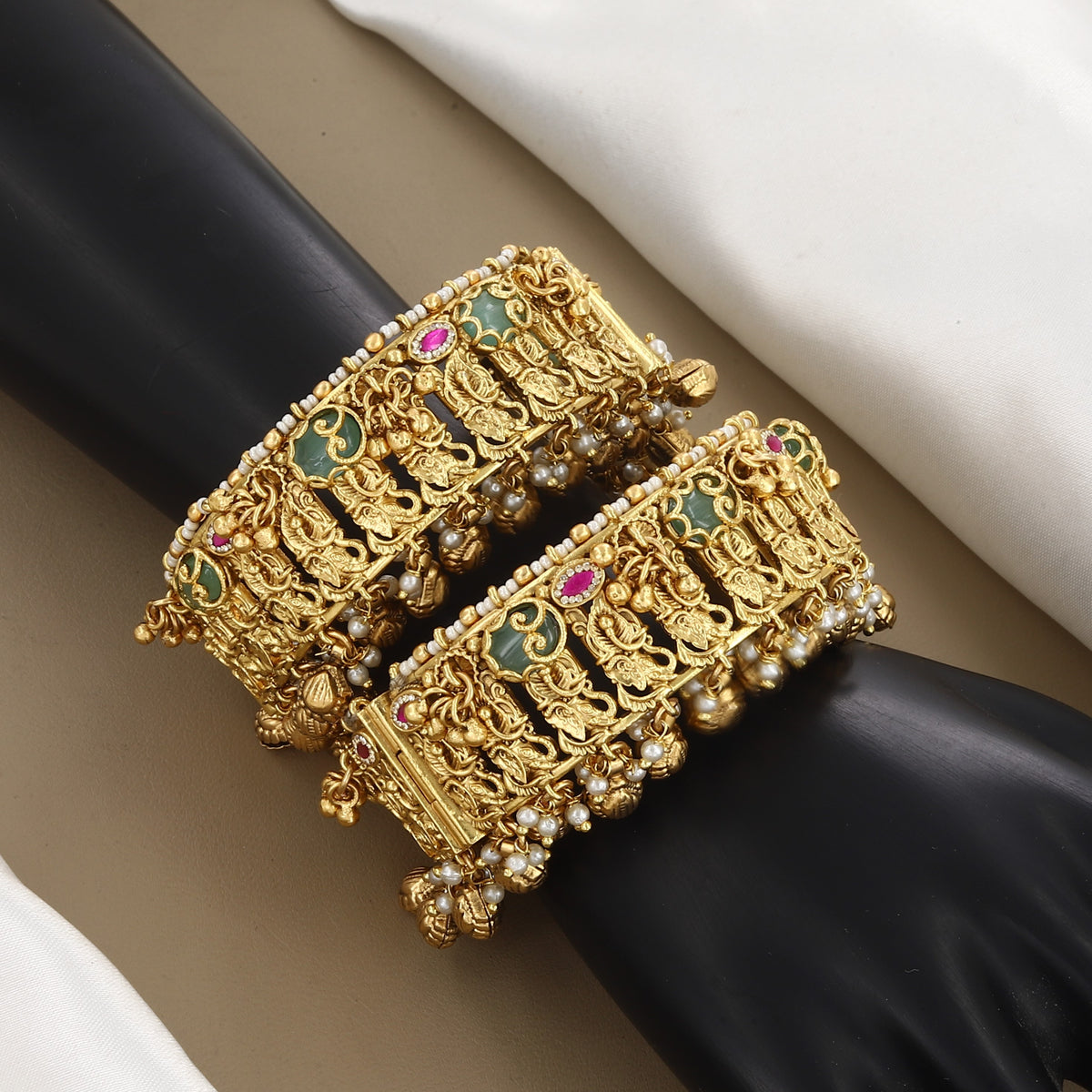 Antique Gold Gemstone & Pearl Patla Bangles Patla Set