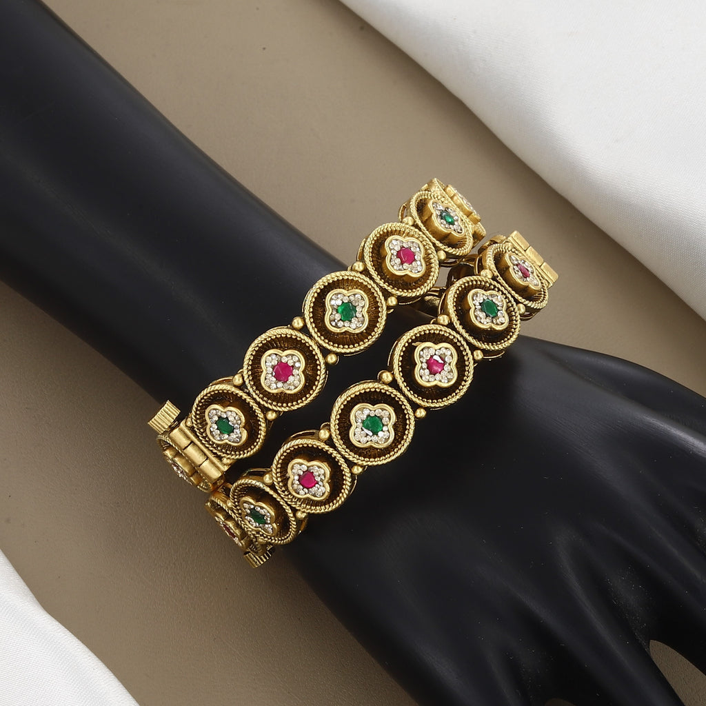 Floral Motif Ruby & Emerald Gold Bangles Patla Set