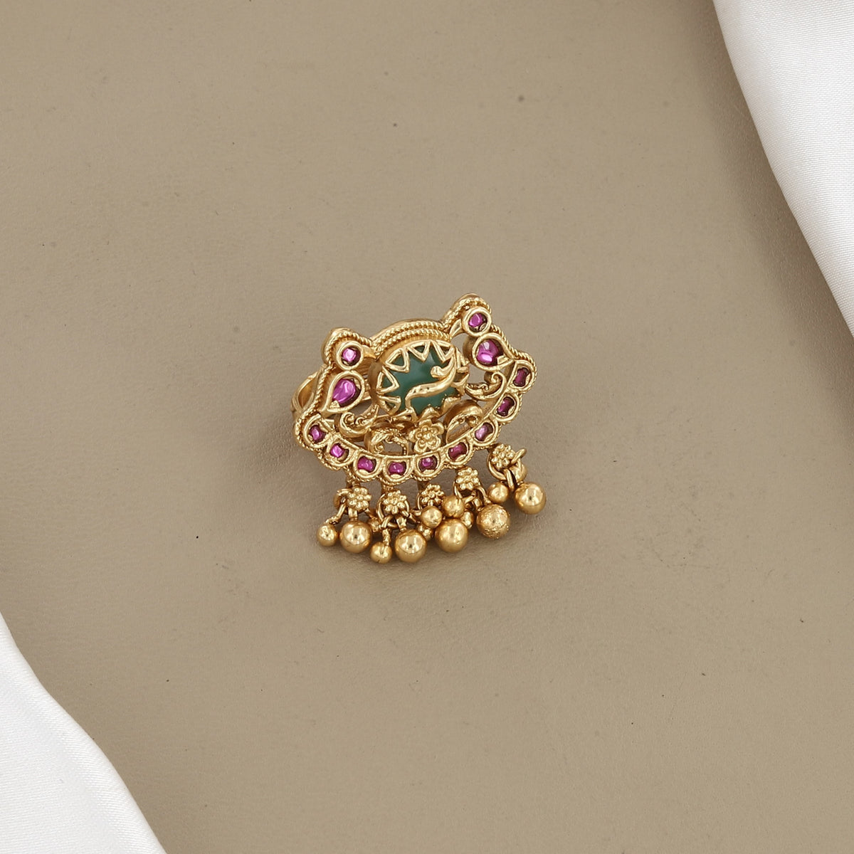 Antique Gold Peacock Statement Ring with Ruby Stones & Ghungroos