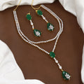 Gold Plated Layered Crystal & Green Stone Drop Lariat Necklace Set