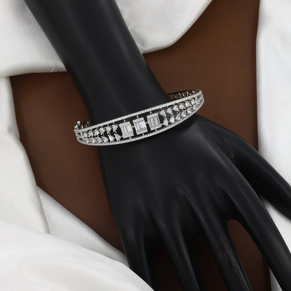 Baguette & Pear Stone Silver Finish Diamond Bangle Bracelet