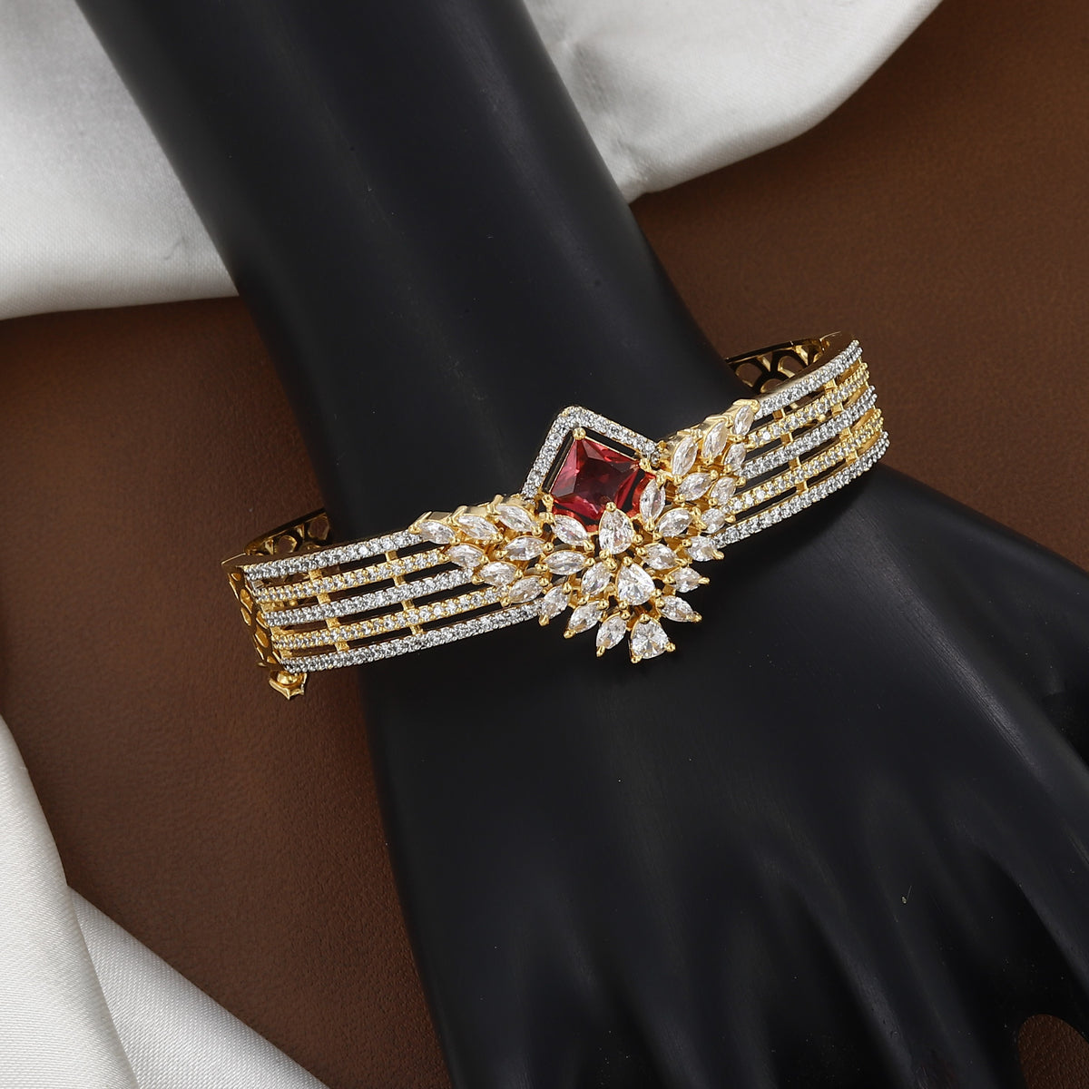 Gold Polished Royal Sapphire & Stone Gold Bangle Bracelet