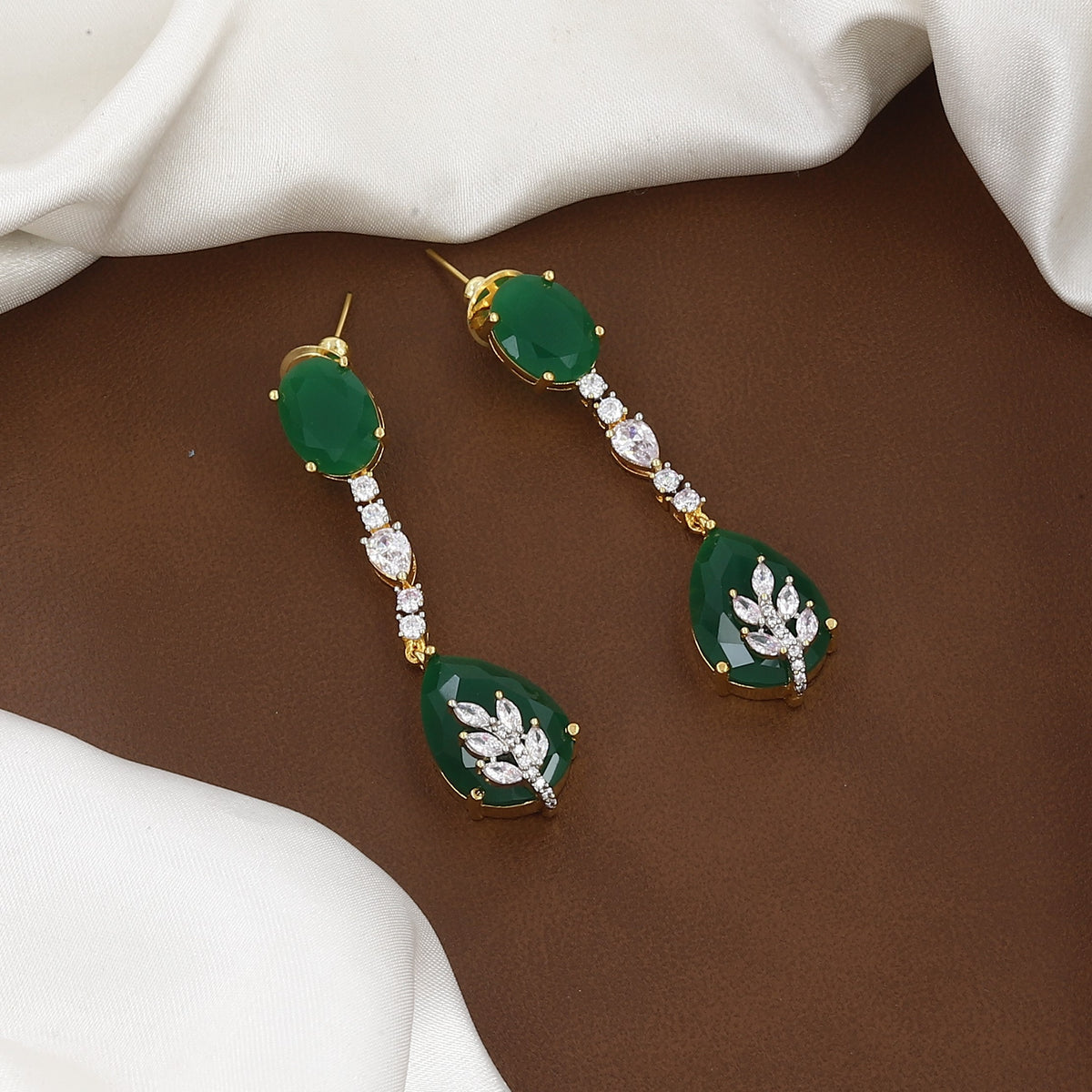 Gold Plated Layered Crystal & Green Stone Drop Lariat Necklace Set