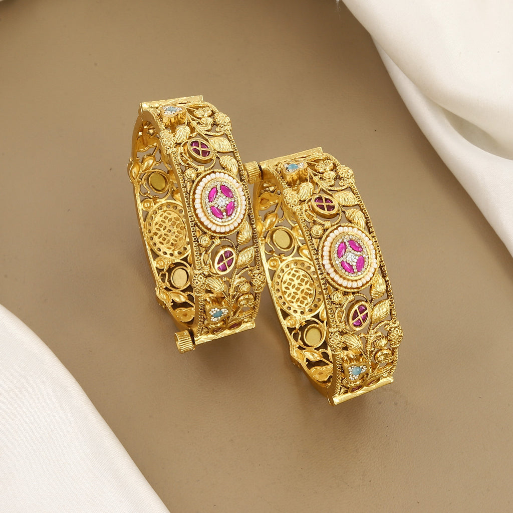 Ornate Floral Ruby & Gold Patla Bangle Patla Set