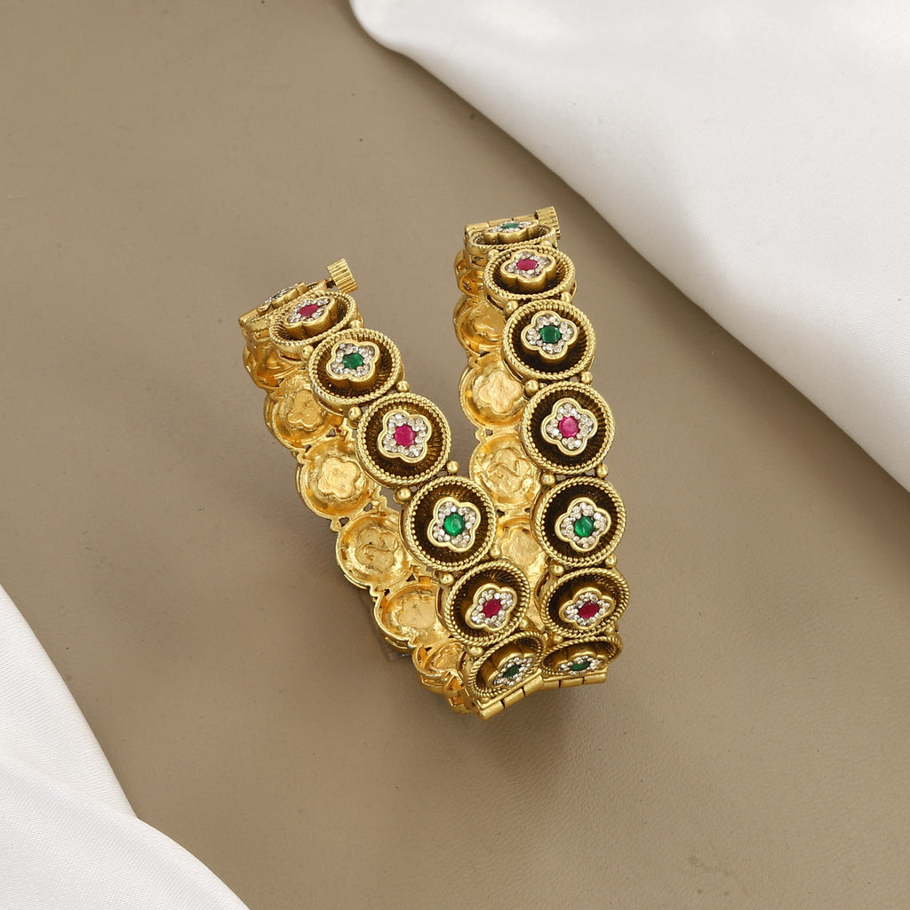 Floral Motif Ruby & Emerald Gold Bangles Patla Set