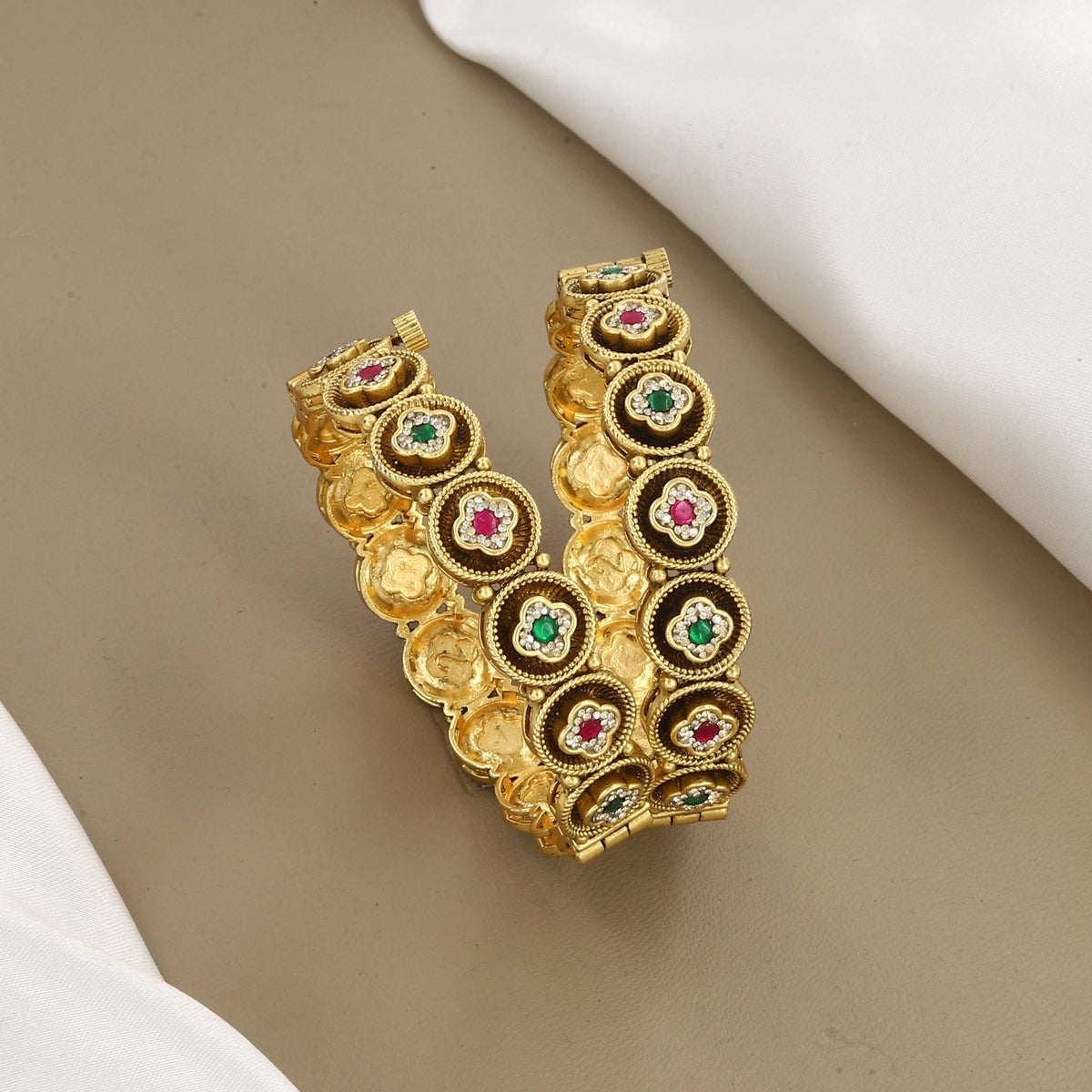 Floral Motif Ruby & Emerald Gold Bangles Patla Set