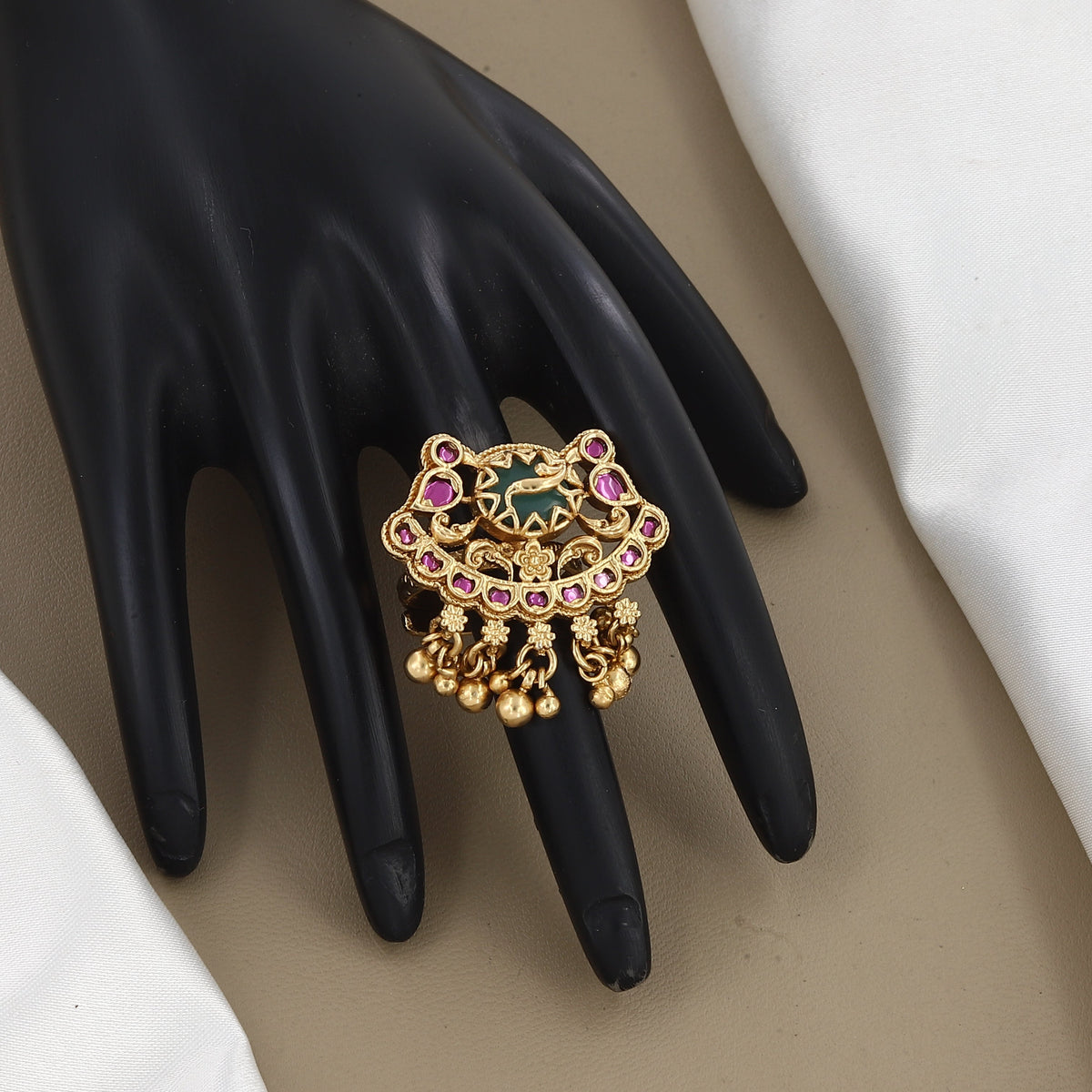 Antique Gold Peacock Statement Ring with Ruby Stones & Ghungroos