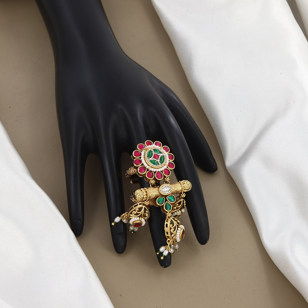 Antique Gold Statement Ring with Ruby, Emerald & Pearl Drops