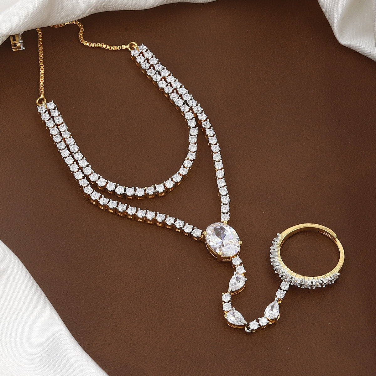 Gold-Plated CZ Oval & Pear Stone Haathphool