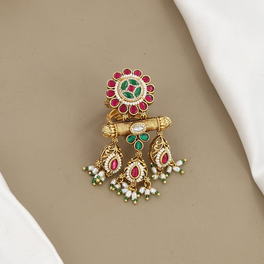 Antique Gold Statement Ring with Ruby, Emerald & Pearl Drops