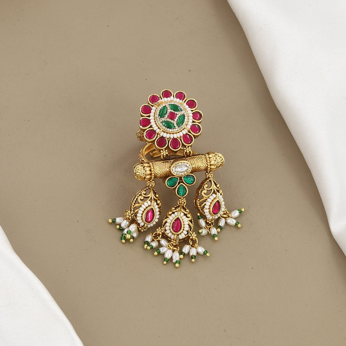 Antique Gold Statement Ring with Ruby, Emerald & Pearl Drops