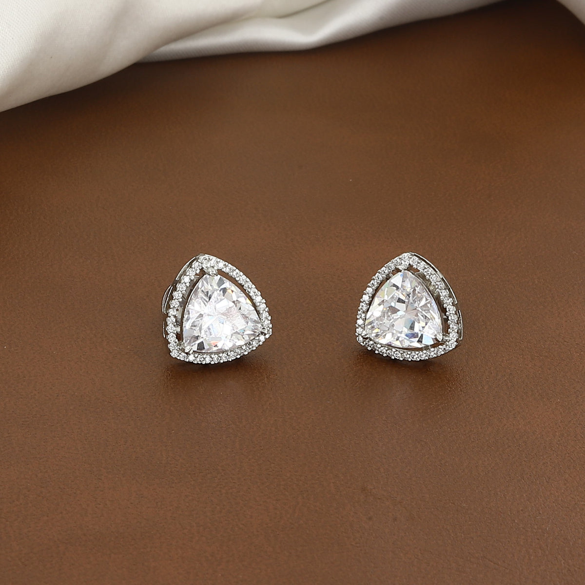 Silver Trillion Cut Solitaire Halo Stud Earrings
