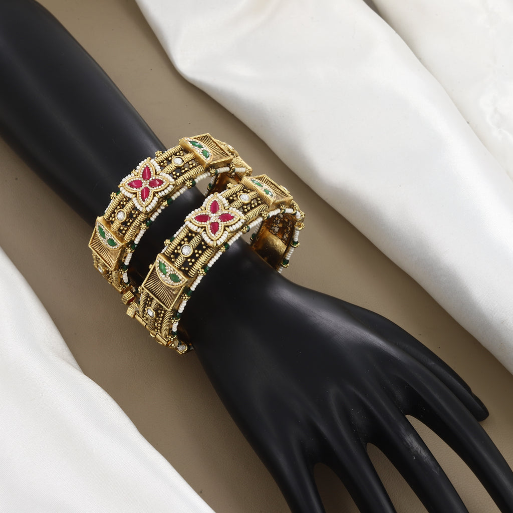 Ruby, Emerald & Pearl Gold Bangles Wedding Patla Set