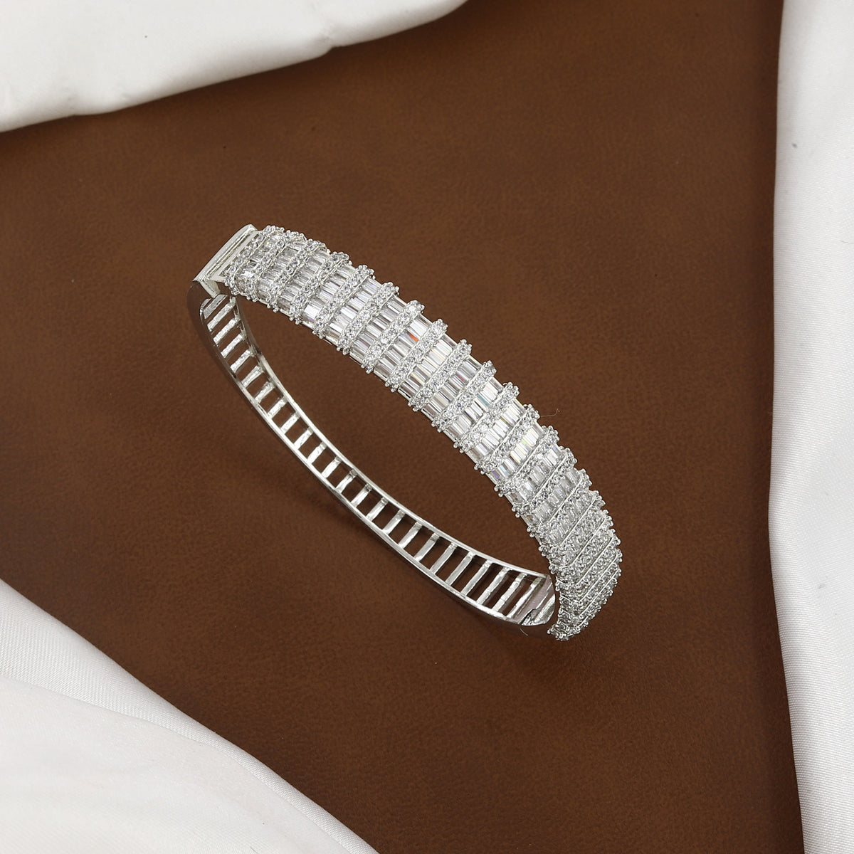 Layered Baguette Diamond Silver Finish Bangle Bracelet