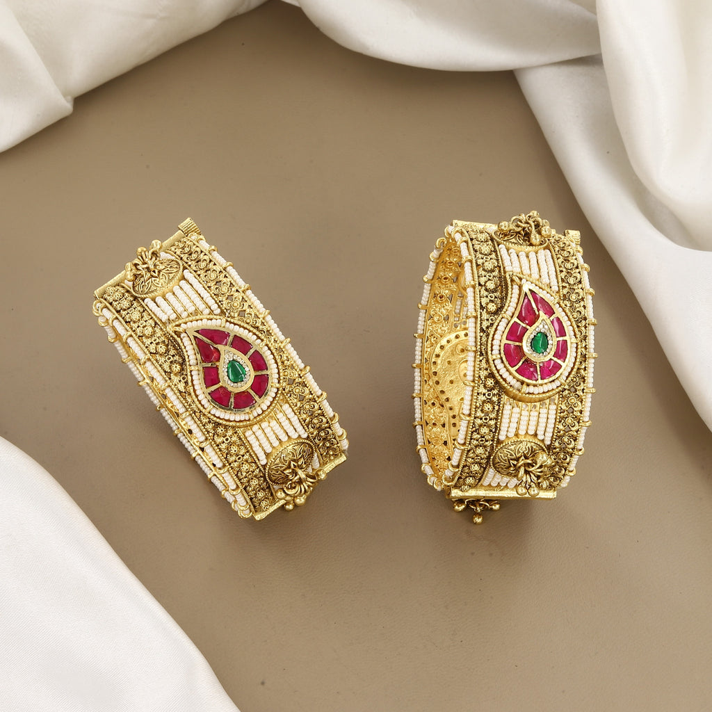 Paisley Ruby & Emerald Gold Patla Bangles Patla Set