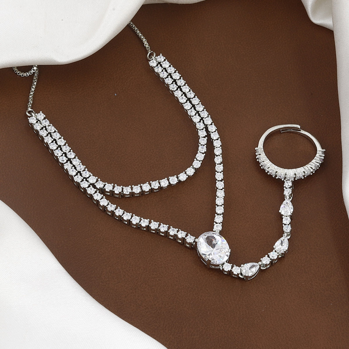 Silver-Plated CZ Oval & Pear Stone Haathphool