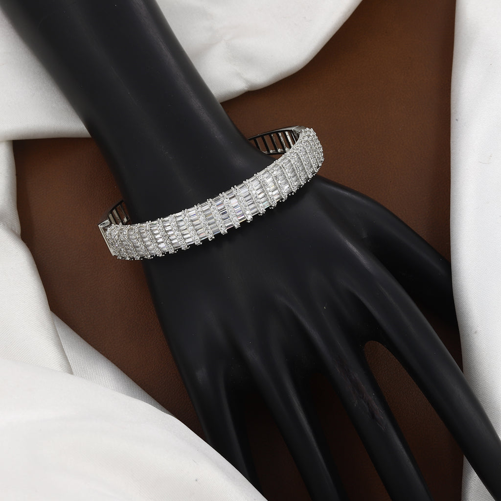 Layered Baguette Diamond Silver Finish Bangle Bracelet