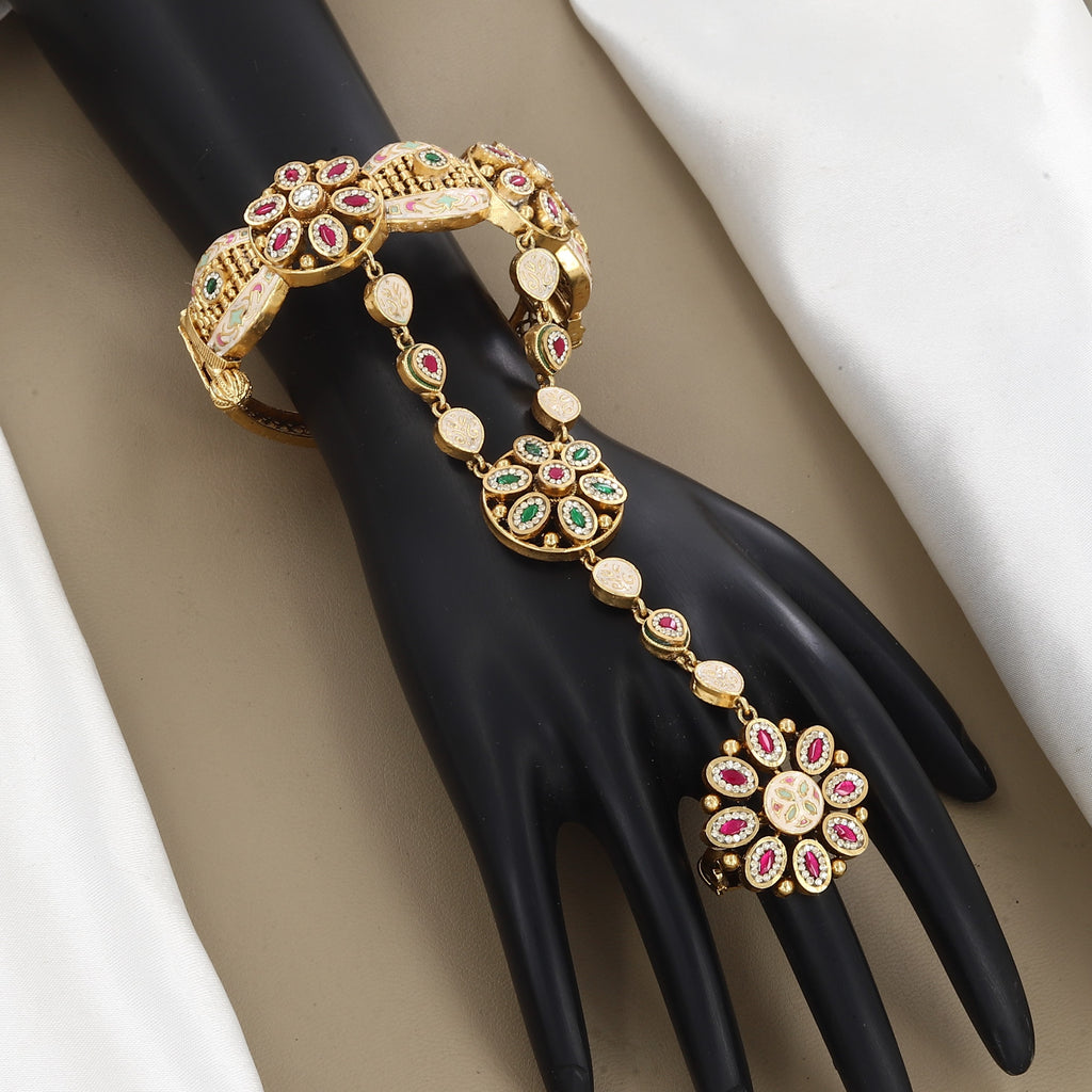Meenakari Gemstone Hathphool & Antique Bracelet Set