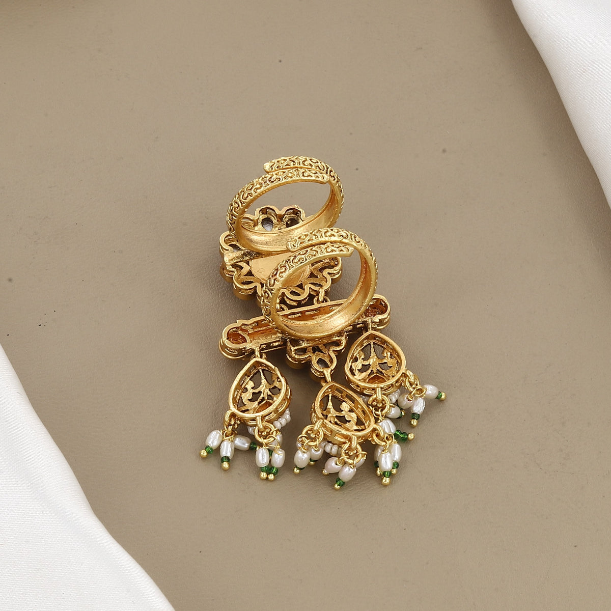 Antique Gold Statement Ring with Ruby, Emerald & Pearl Drops