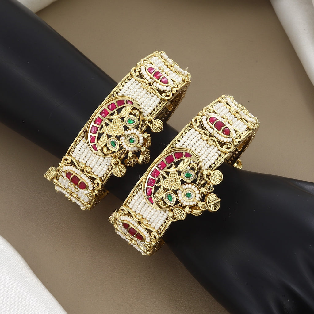 Wedding Ruby & Pearl Gold Patla Bangle Patla Set