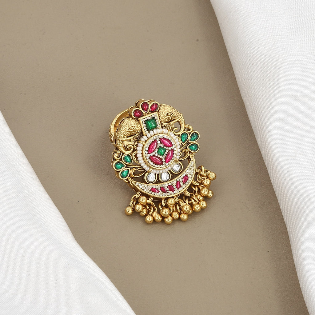 Antique Gold Peacock Statement Ring with Ruby, Emerald & Ghungroos