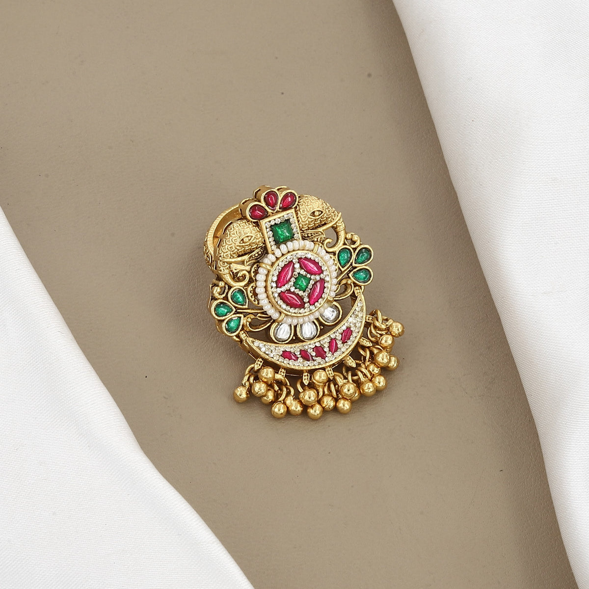 Antique Gold Peacock Statement Ring with Ruby, Emerald & Ghungroos