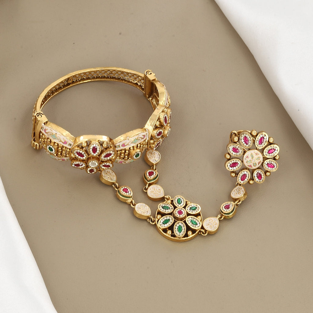 Meenakari Gemstone Hathphool & Antique Bracelet Set