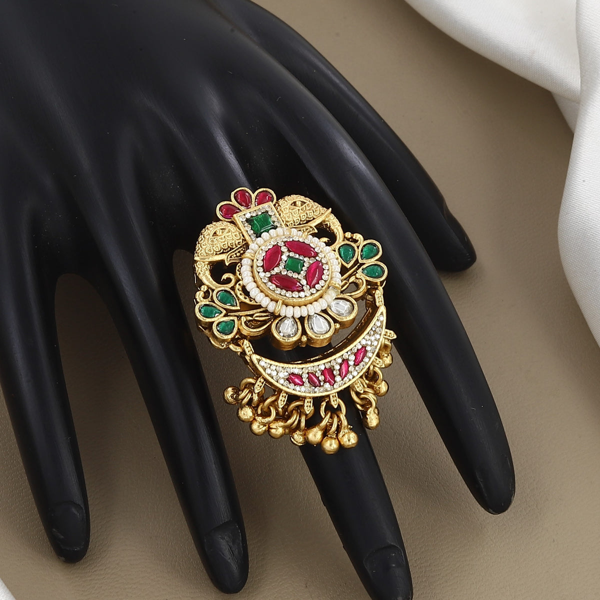 Antique Gold Peacock Statement Ring with Ruby, Emerald & Ghungroos