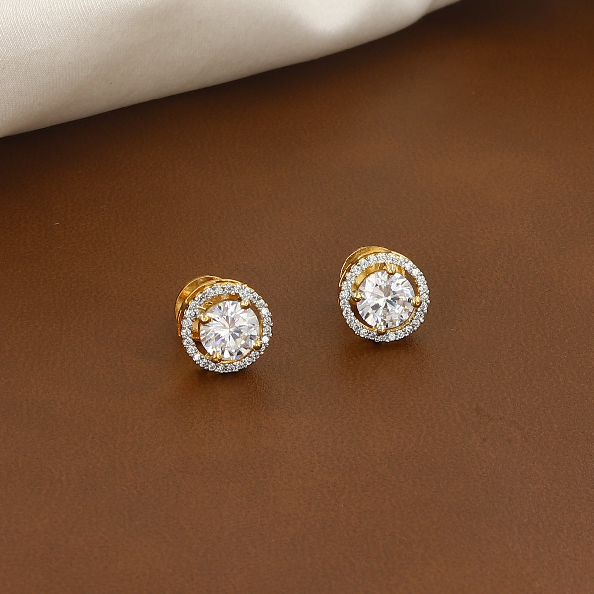 Gold Plated Solitaire Halo Stud Earrings