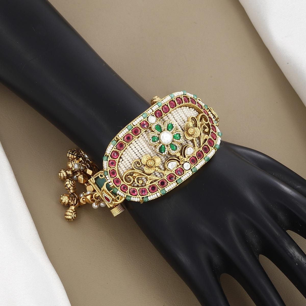 Bridal Gold-Plated Statement Bracelet with Pearls & Gemstones