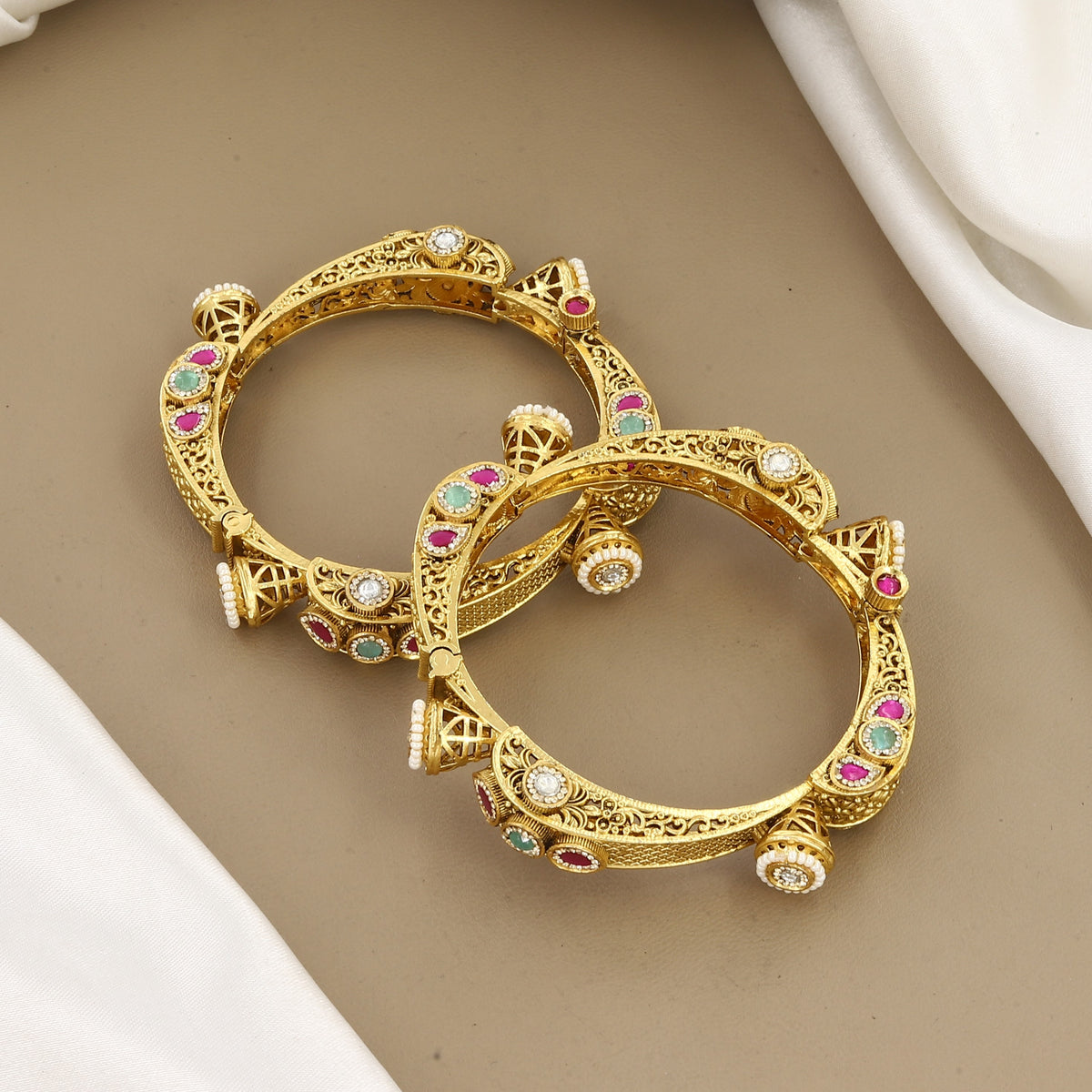 Lattice Gold Bangles with Ruby & Pearl Accents