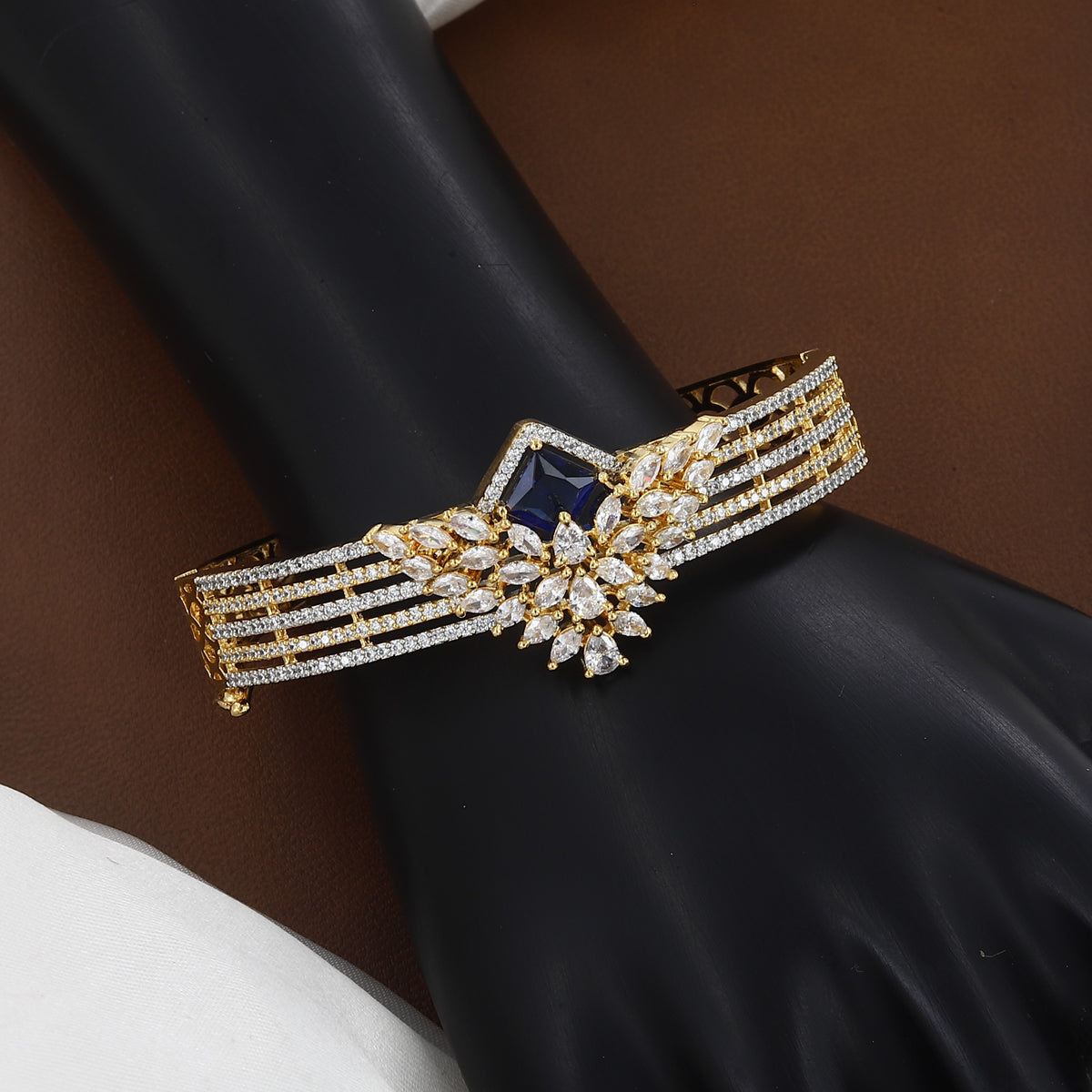 Gold Polished Royal Sapphire & Stone Gold Bangle Bracelet