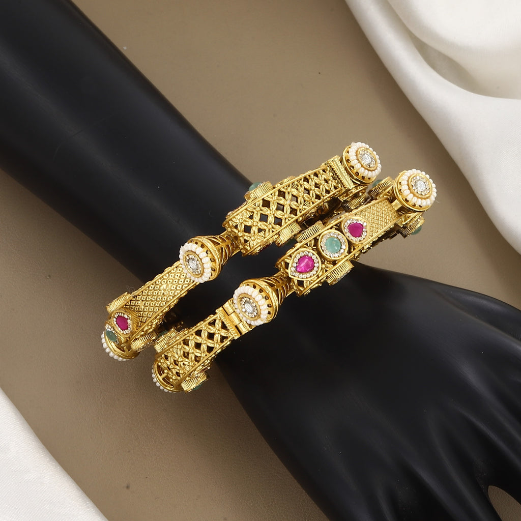 Lattice Gold Bangles with Ruby & Pearl Accents