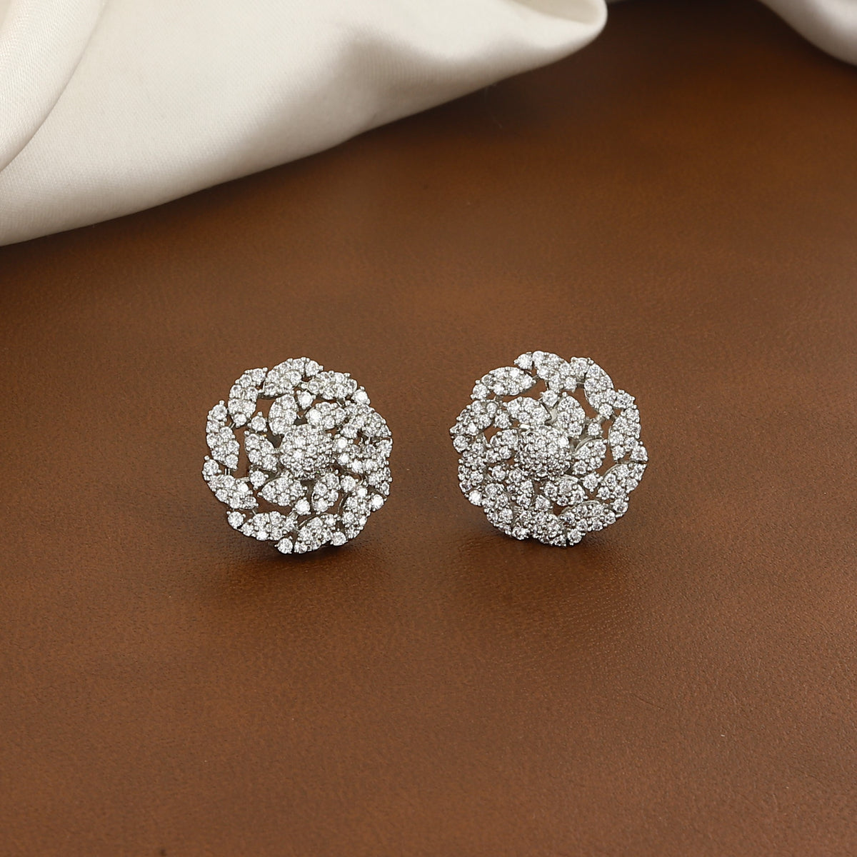 Silver Spiral Pavé Diamond Floral Cluster Stud Earrings