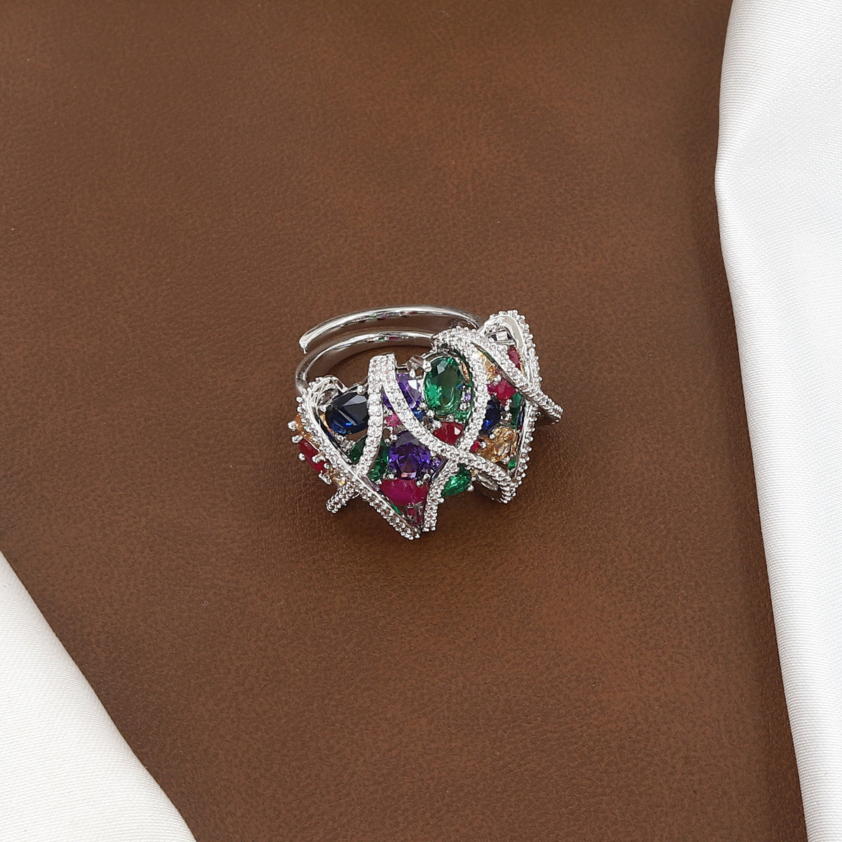 Multi-Gemstone Crisscross Cocktail Ring in Silver
