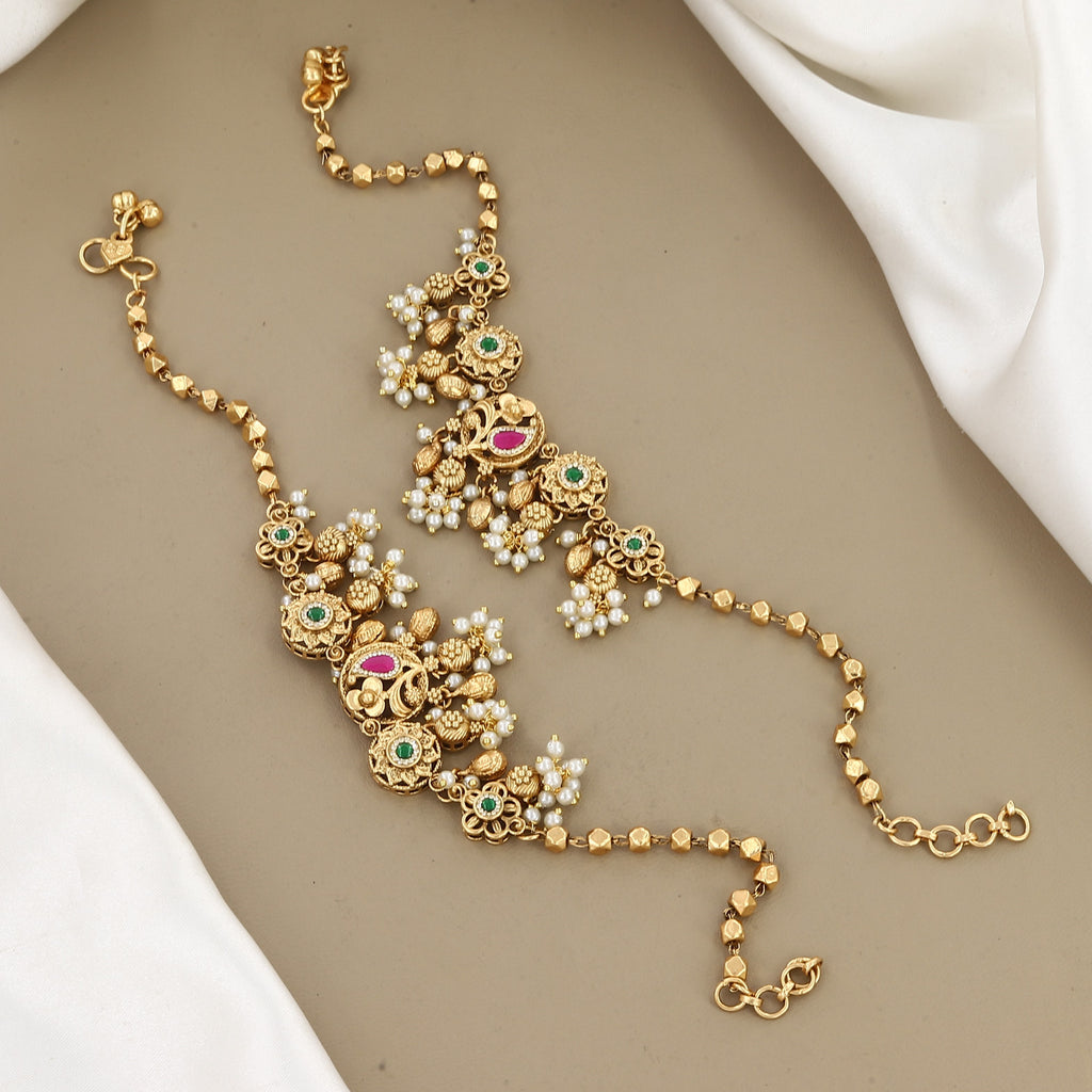 Antique Gold Peacock Payal with Pearls