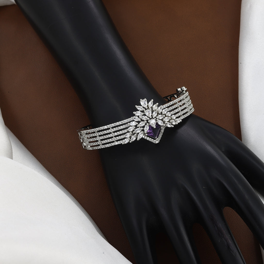 Silver Polished Royal Sapphire & Stone Bangle Bracelet