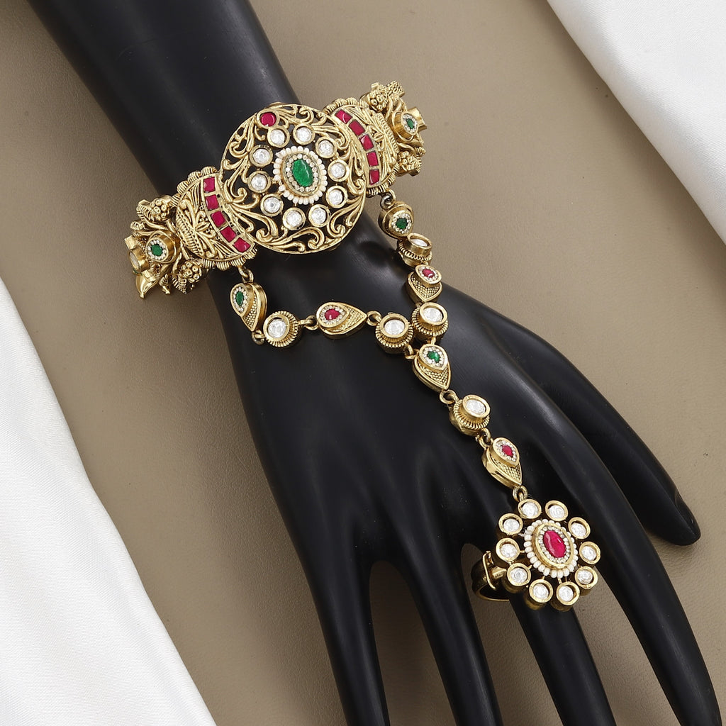 Antique Gold Hathphool with Ruby & Emerald Stones